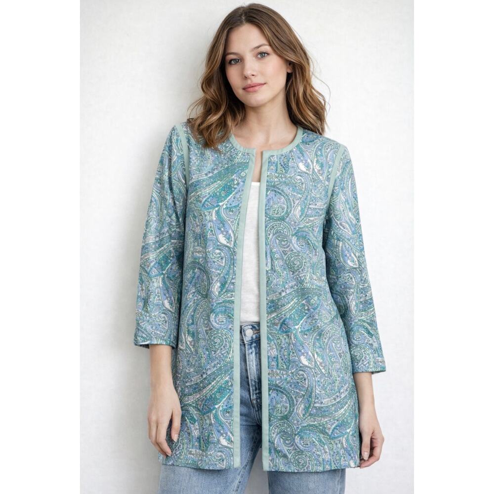 DoncasterโCotton Long Jacketโ Spring Summer Blue Green Full Zip Paisley Print